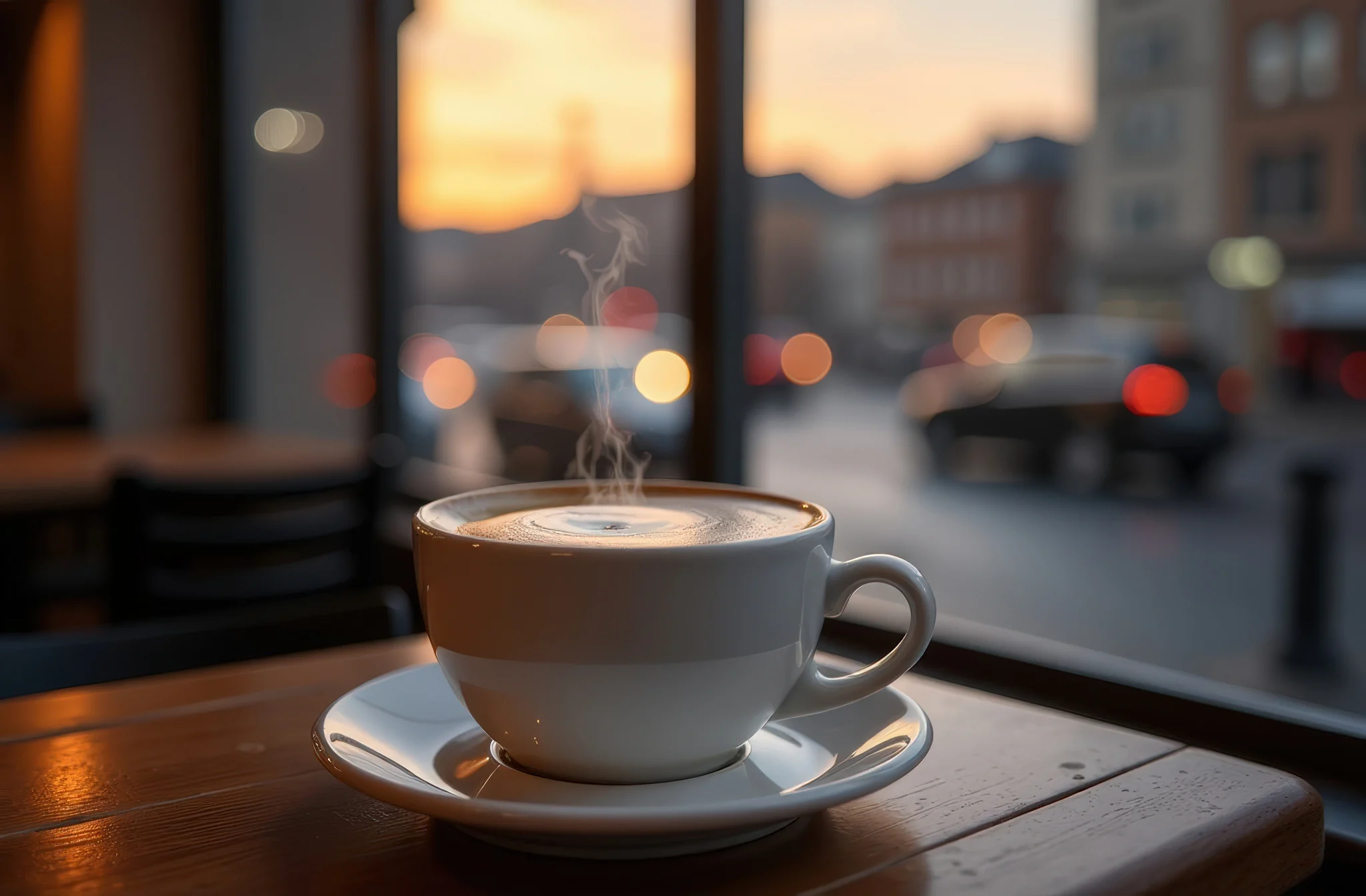 cup cappuccino with steam cafe with evening cityscape visible through window 50